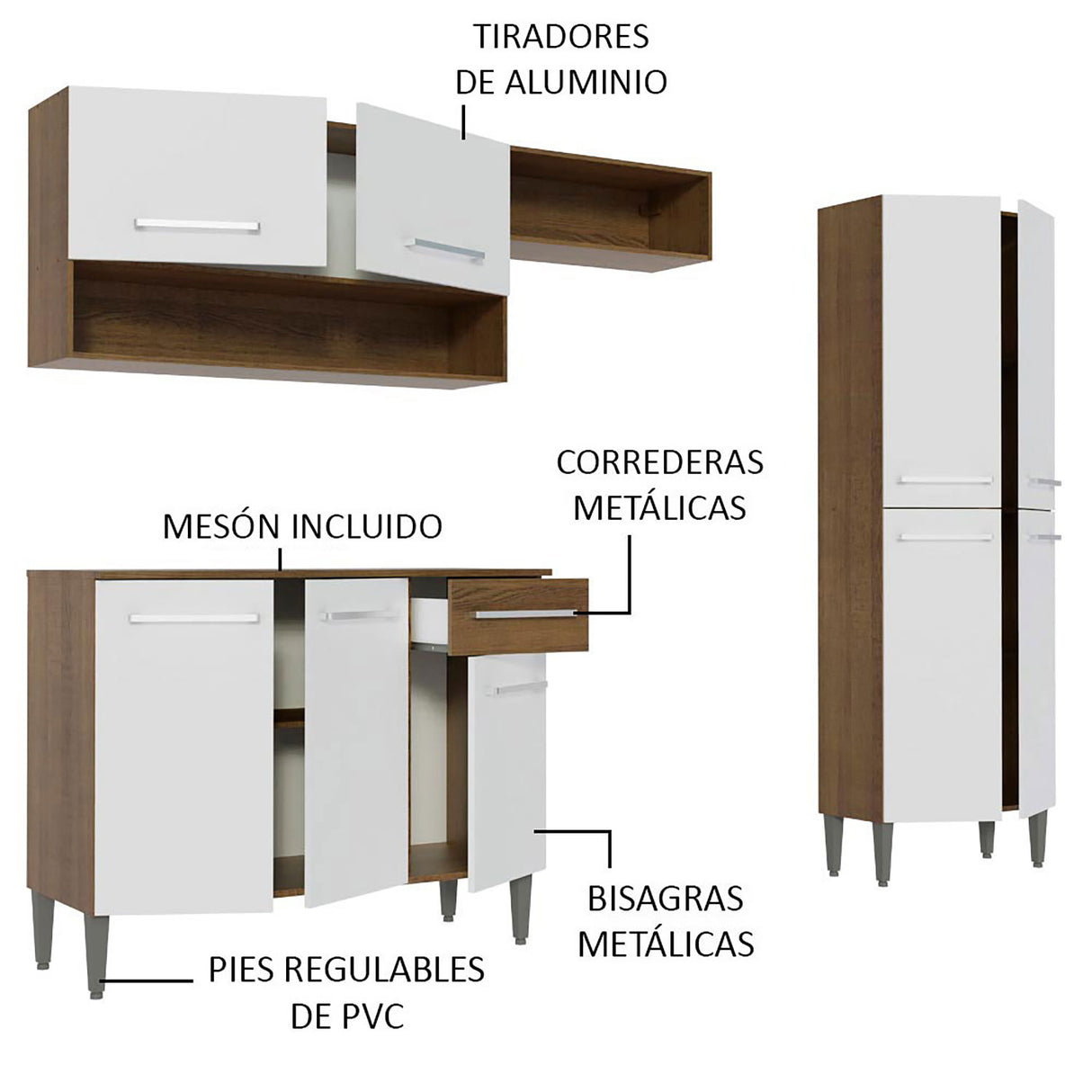 Cocina Integral Emilly Pop Marron y Blanco 229x186cm con Mesón de Madera - Cocinas | Bylmo