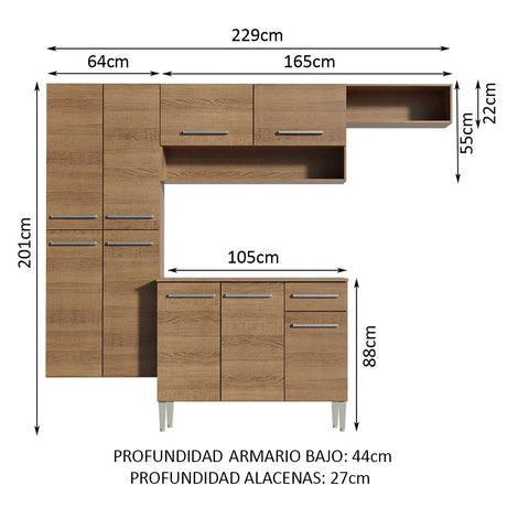 Cocina Integral Emilly Fit Marron 229x201cm con Mesón de Madera - Cocinas | Bylmo