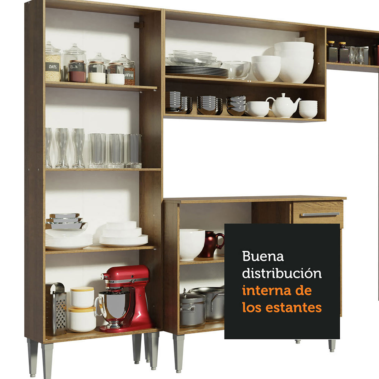 Cocina Integral Emilly Marron 229x186cm con Mesón de Acero Inoxidable - Cocinas | Bylmo