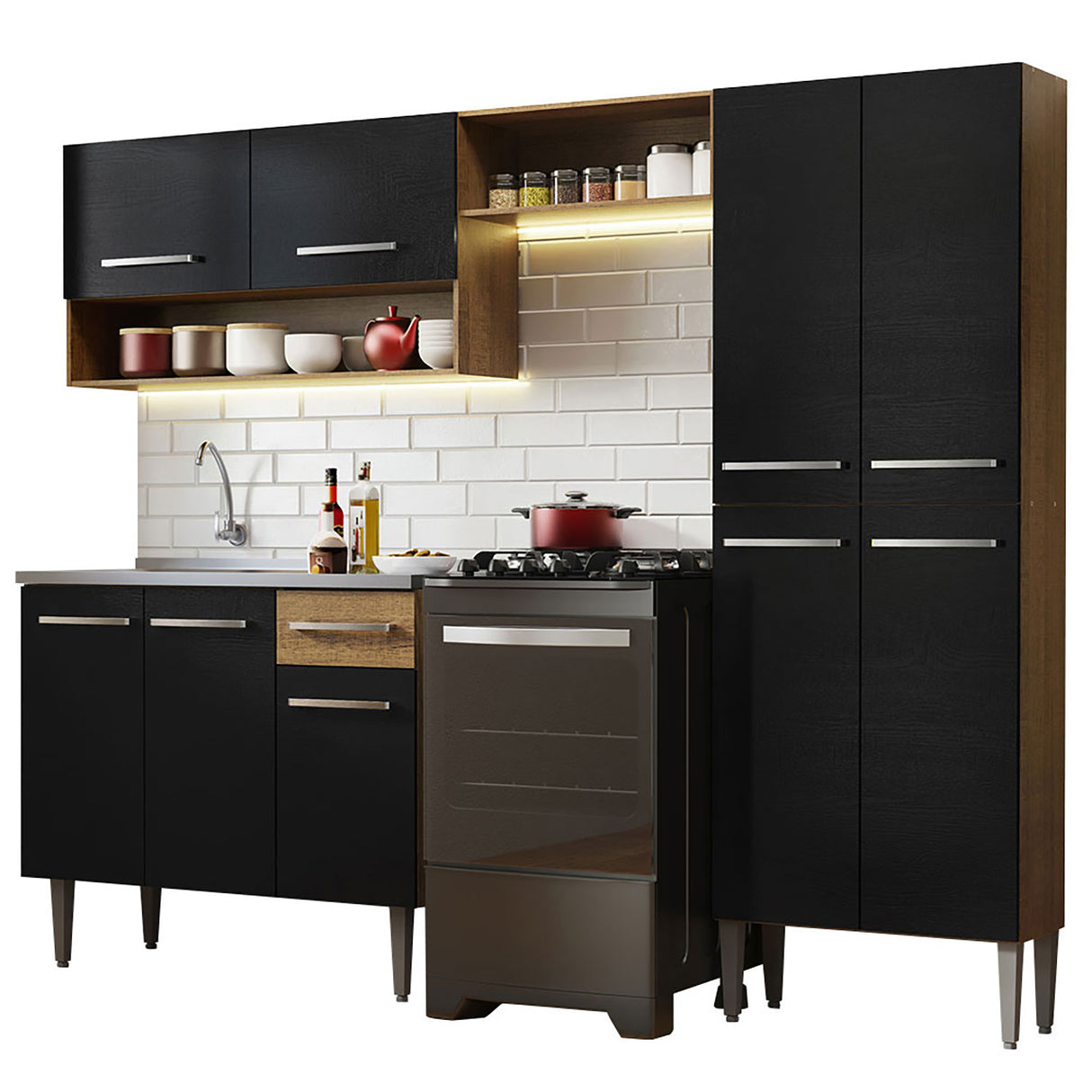 Cocina Integral Emilly Marron y Negro 229x186cm con Mesón de Acero Inoxidable - Cocinas | Bylmo