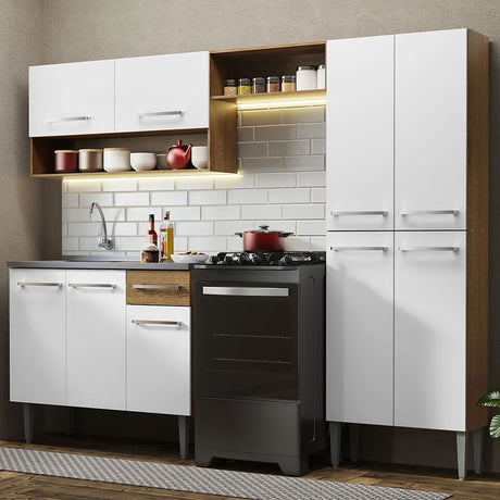 Cocina Integral Emilly Marron y Blanco 229x186cm con Mesón de Acero Inoxidable - Cocinas | Bylmo