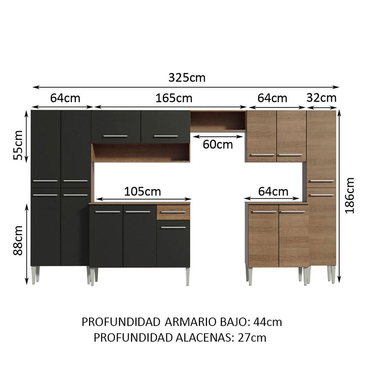 Cocina Integral Emilly Joy Marron y Negro 325x186cm con Mesón de Madera - Cocinas | Bylmo