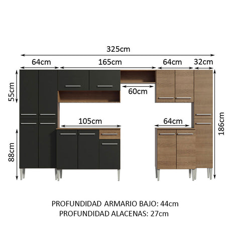 Cocina Integral Emilly Joy Marron y Negro 325x186cm con Mesón de Madera - Cocinas | Bylmo