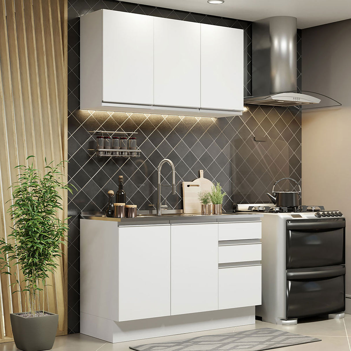 Cocina Integral Glamy Blanco 120x225cm sin Mesón - Cocinas | Bylmo