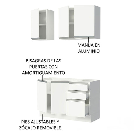 Cocina Integral Glamy Blanco 120x225cm sin Mesón - Cocinas | Bylmo