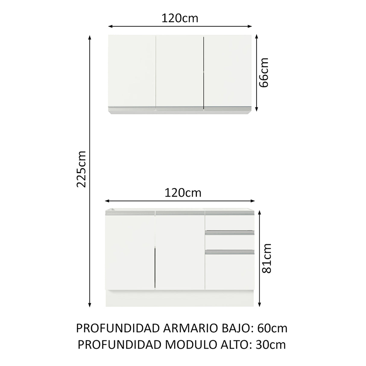 Cocina Integral Glamy Blanco 120x225cm sin Mesón - Cocinas | Bylmo