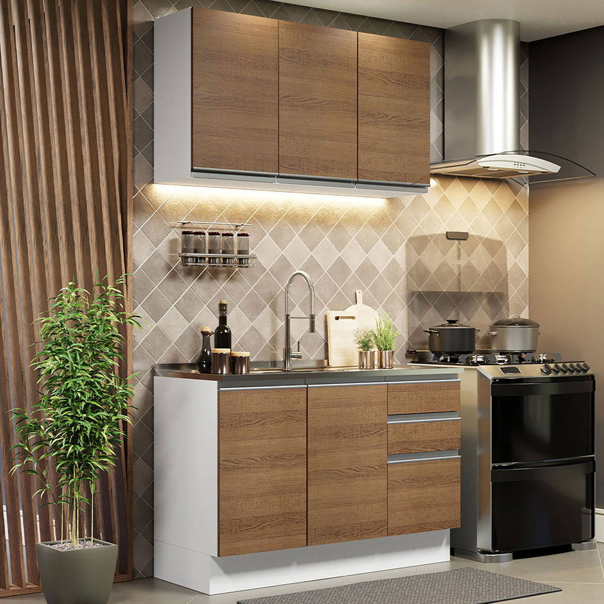 Cocina Integral Glamy Marron 120x225cm sin Mesón - Cocinas | Bylmo