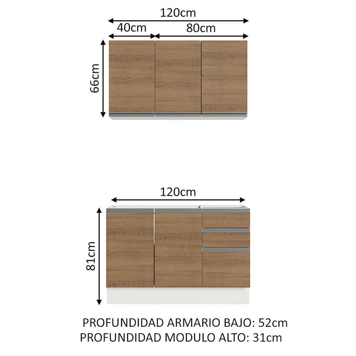 Cocina Integral Glamy Marron 120x225cm sin Mesón - Cocinas | Bylmo
