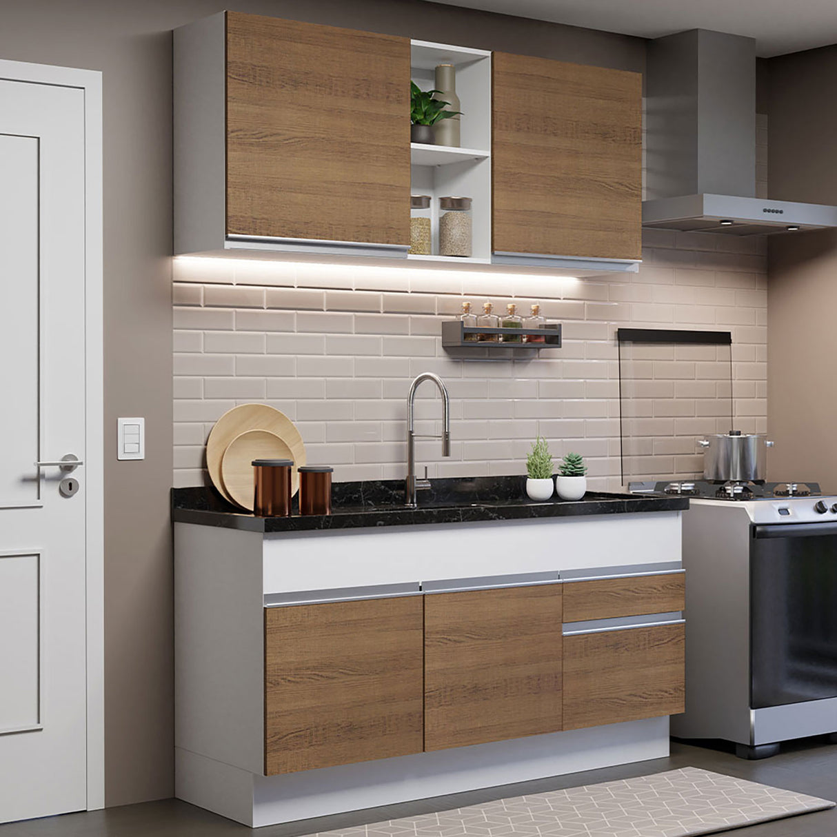 Cocina Integral Glamy Blanco y Marron 150x225cm sin Mesón - Cocinas | Bylmo