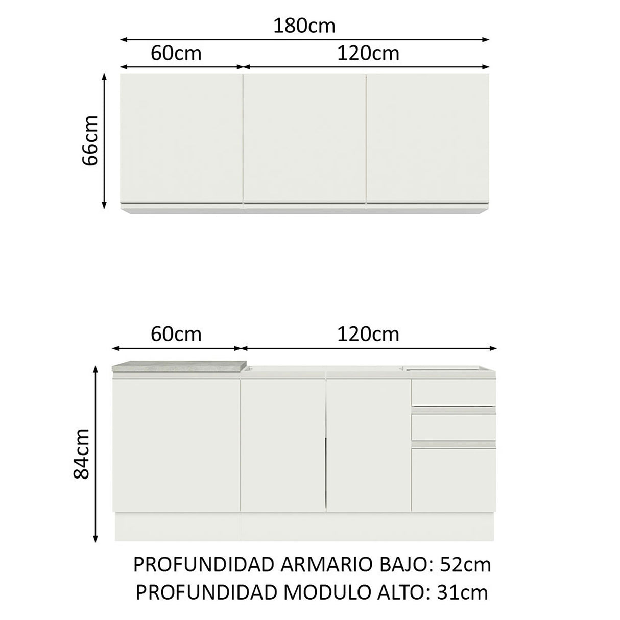 Cocina Integral Glamy Blanco 180x225cm con Mesón de Madera - Cocinas | Bylmo