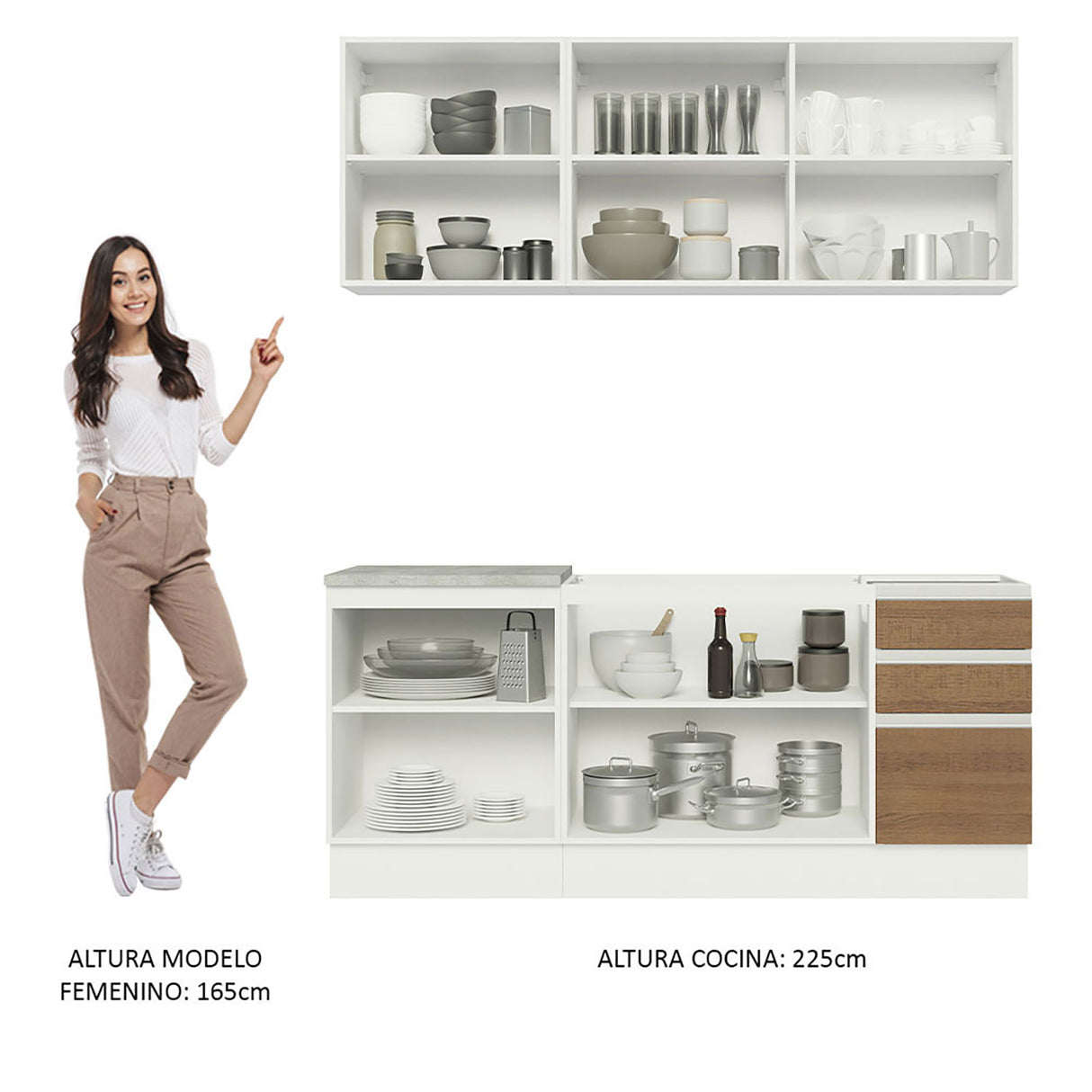 Cocina Integral Glamy Blanco y Marron 180x225cm con Mesón de Madera - Cocinas | Bylmo