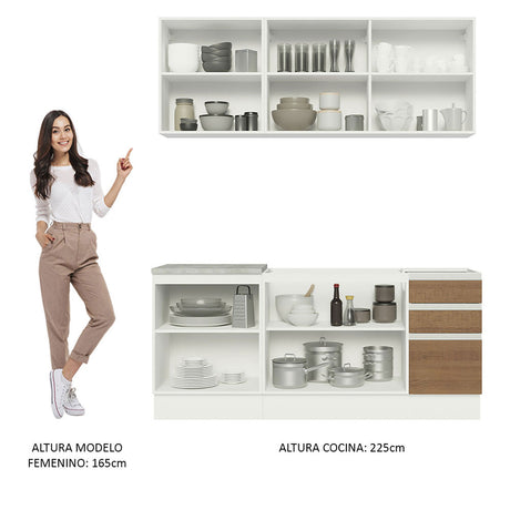 Cocina Integral Glamy Blanco y Marron 180x225cm con Mesón de Madera - Cocinas | Bylmo