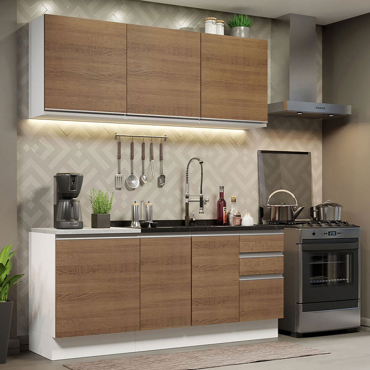 Cocina Integral Glamy Blanco y Marron 180x225cm con Mesón de Madera - Cocinas | Bylmo