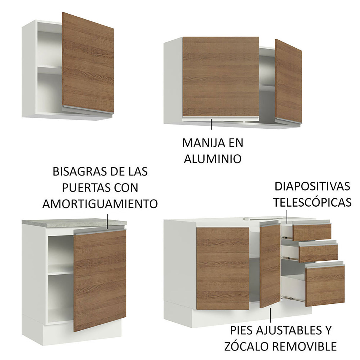 Cocina Integral Glamy Blanco y Marron 180x225cm con Mesón de Madera - Cocinas | Bylmo