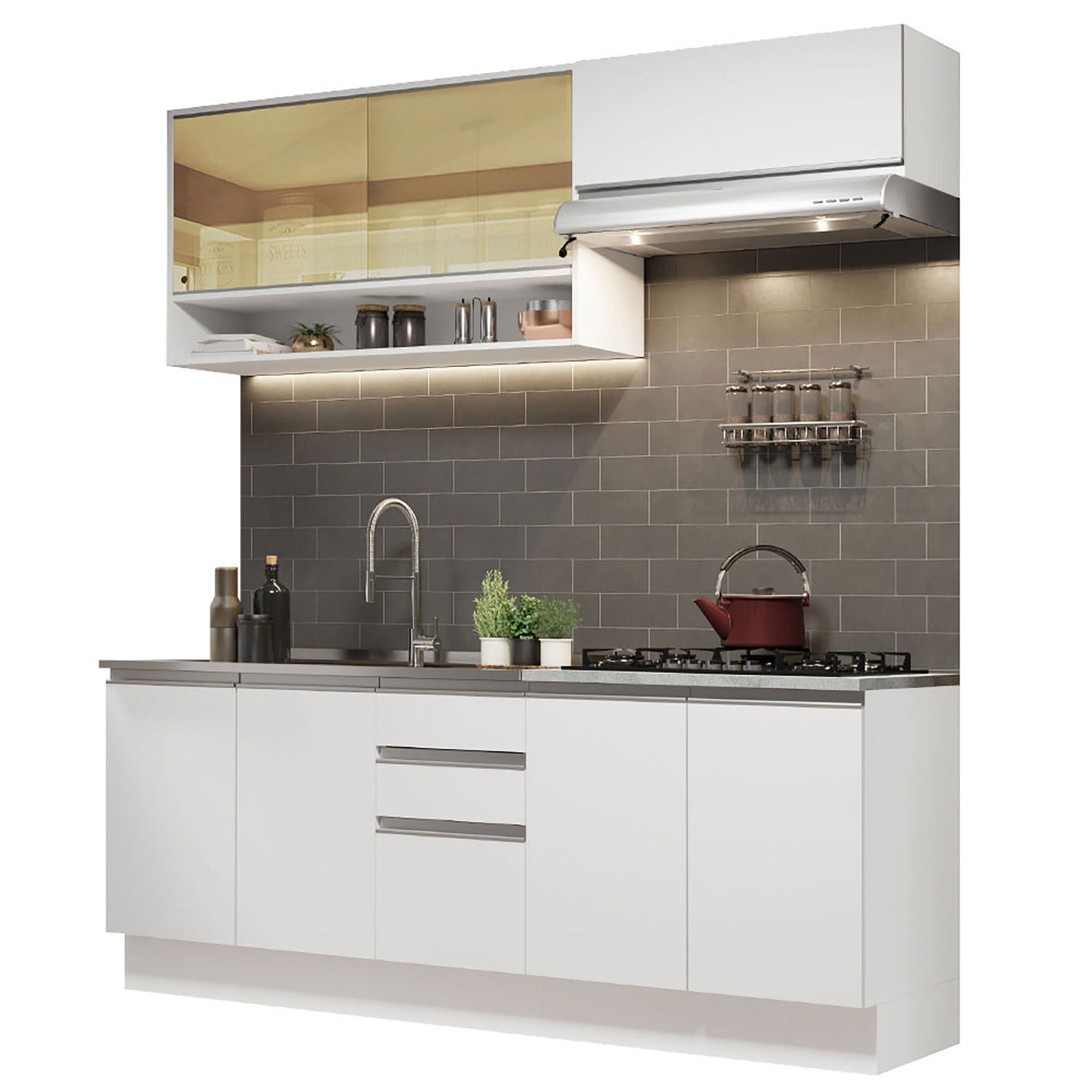 Cocina Integral Glamy Blanco 200x225cm con Mesón de Madera - Cocinas | Bylmo