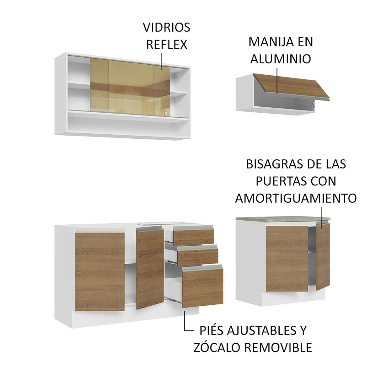 Cocina Integral Glamy Blanco y Marron 200x225cm con Mesón de Madera - Cocinas | Bylmo
