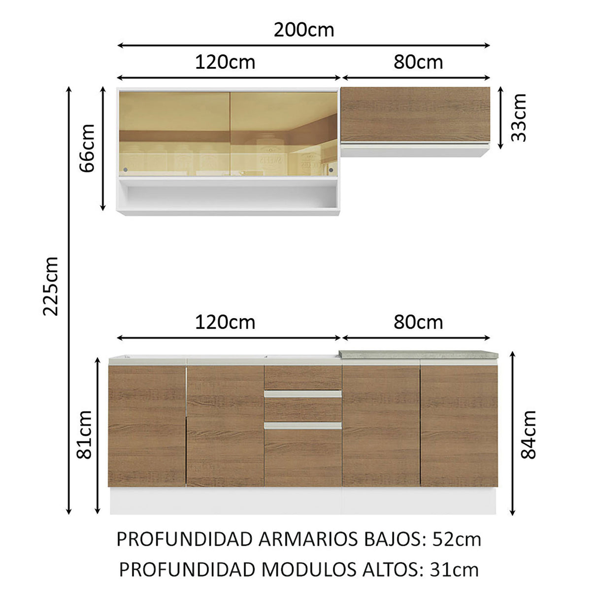 Cocina Integral Glamy Blanco y Marron 200x225cm con Mesón de Madera - Cocinas | Bylmo