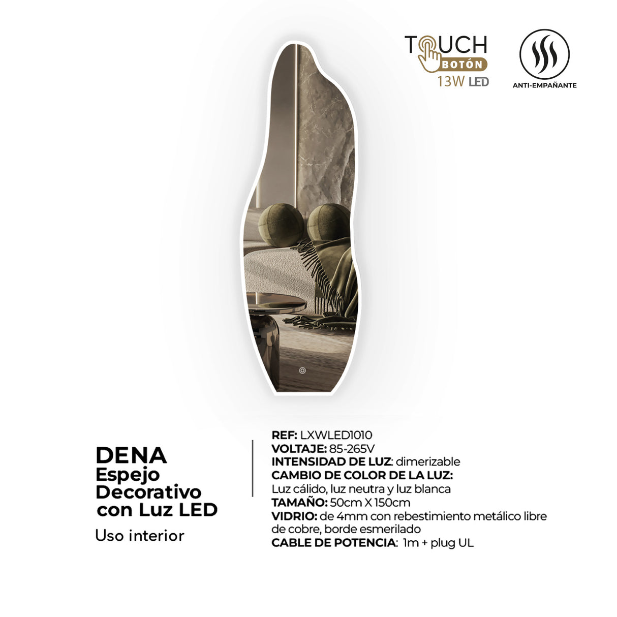 Espejo Led Asimétrico De Pared Moderno 50x150cm Sin Marco - Espejos Decorativos | Bylmo