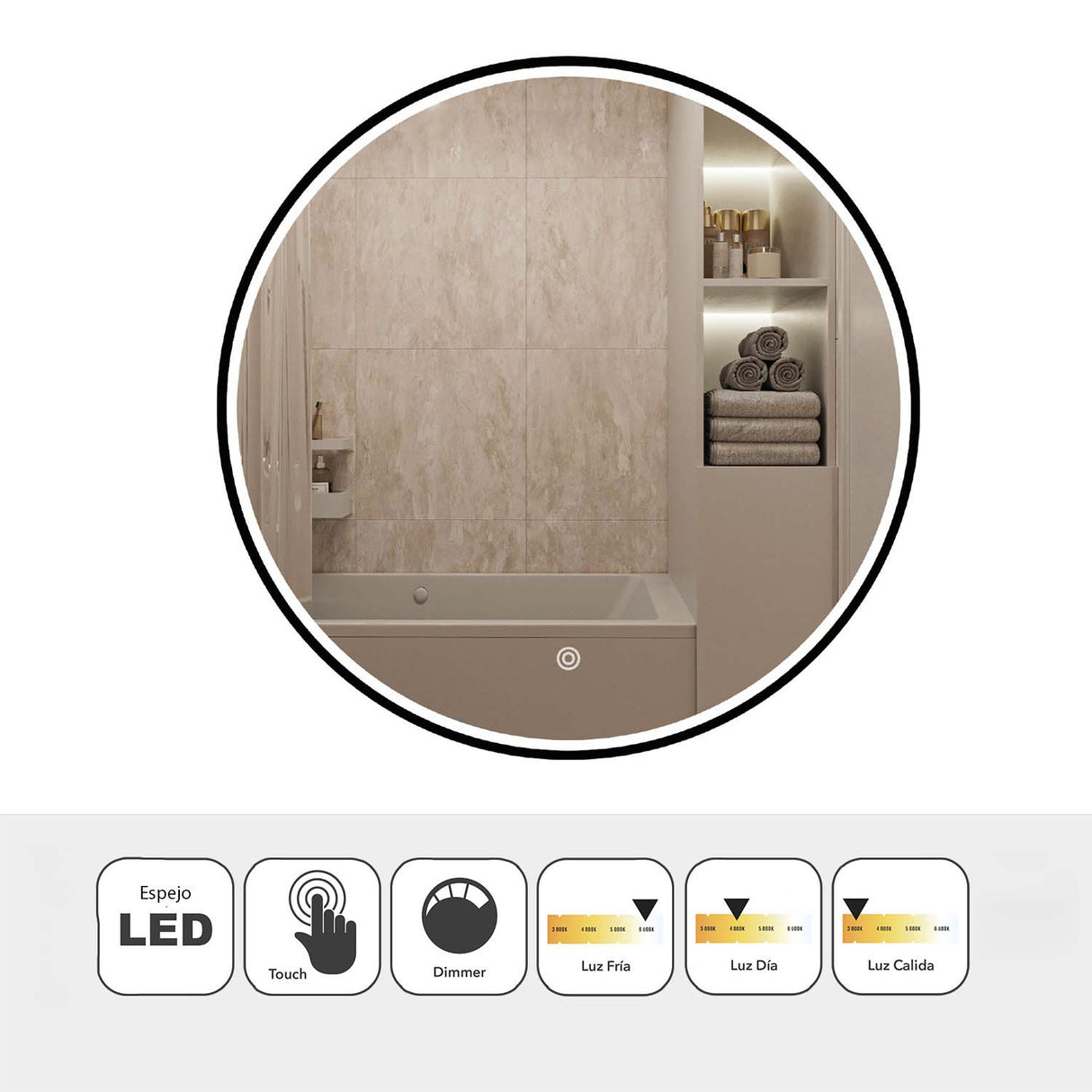 Espejo Led Redondo De Pared Moderno 60x60cm con Marco Metálico - Espejos Decorativos | Bylmo
