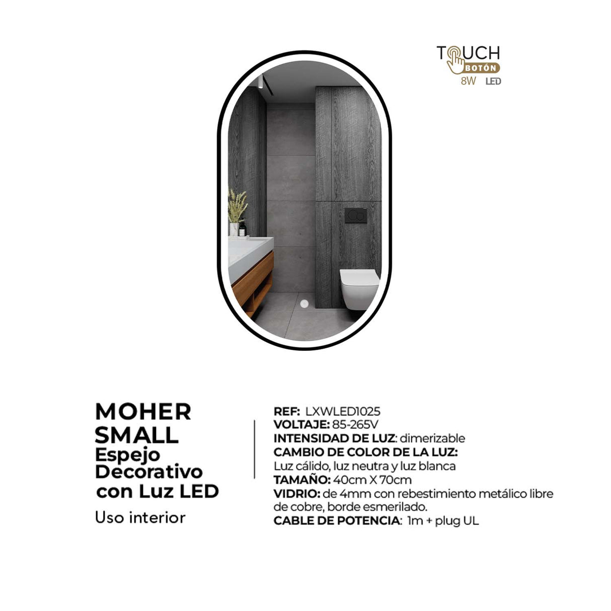 Espejo Led Ovalado De Pared Moderno 40x70cm con Marco Metálico - Espejos Decorativos | Bylmo