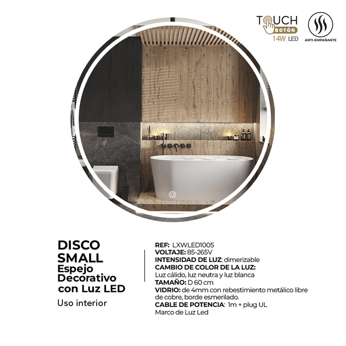 Espejo Led Redondo Moderno 60x60cm Sin Marco - Espejos Decorativos | Bylmo