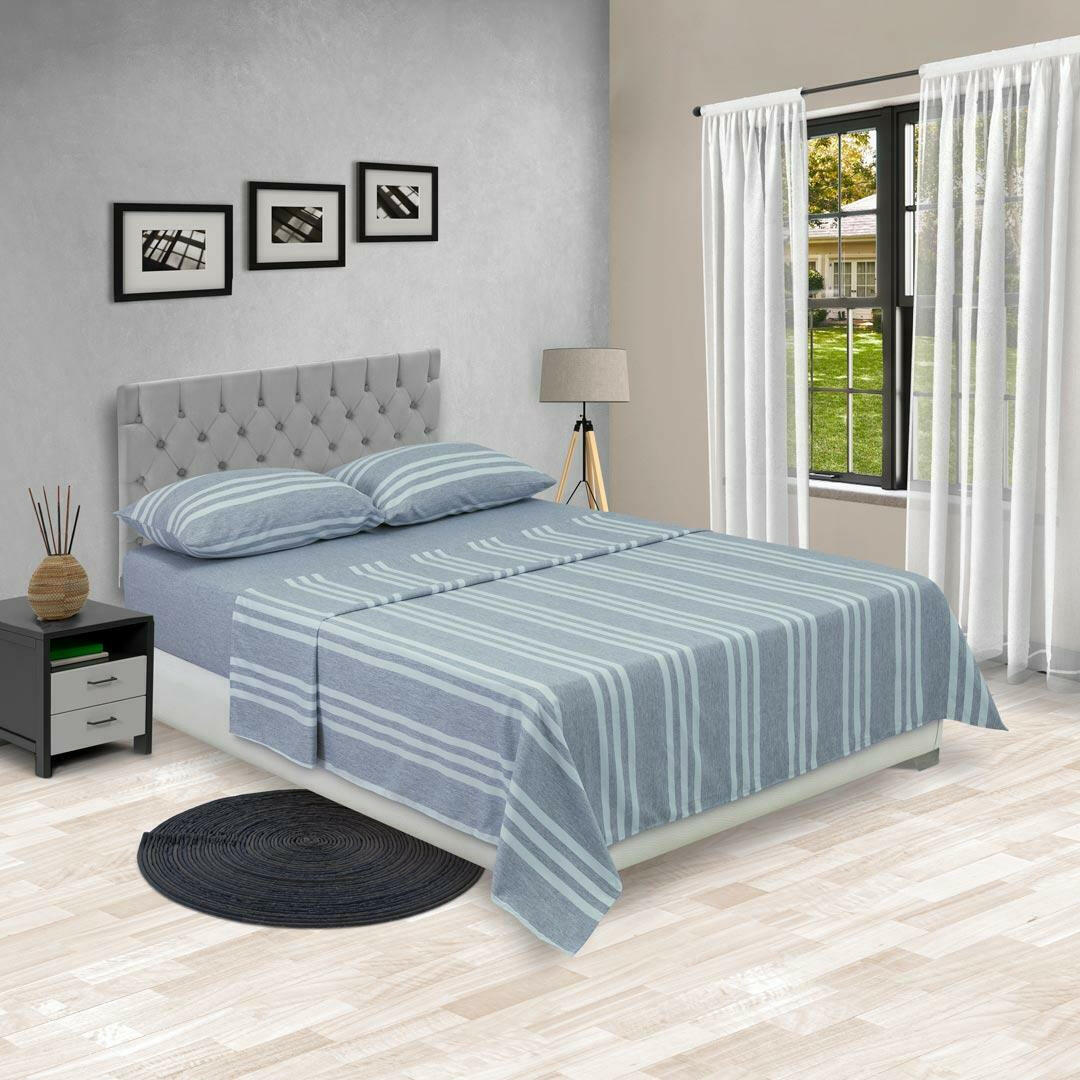 Juego de Sabanas Equilibrio Gris y Azul para Cama Queen 160 X 190 Cm Rayas - Sabanas | Bylmo