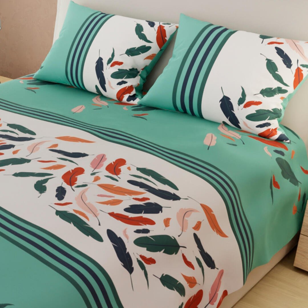 Juego de Sabanas Limila Aguamarina y Blanco para Cama Queen 160 X 190 Cm Hojas - Sabanas | Bylmo