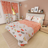 Combo Juego de Sabanas y Cortina Lecanio Blanco y Coral de Mariposas Para Cama Queen 160 X 180 Cm - Sabanas | Bylmo