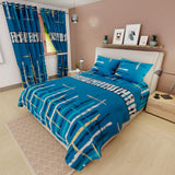 Combo Juego de Sabanas y Cortina Lecanio Azul de Líneas Para Cama Queen 160 X 180 Cm - Sabanas | Bylmo