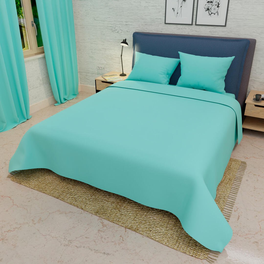 Combo Juego de Sabanas y Cortina Lecanio Aguamarina Fondo Entero Para Cama Doble 140 X 190 Cm - Sabanas | Bylmo