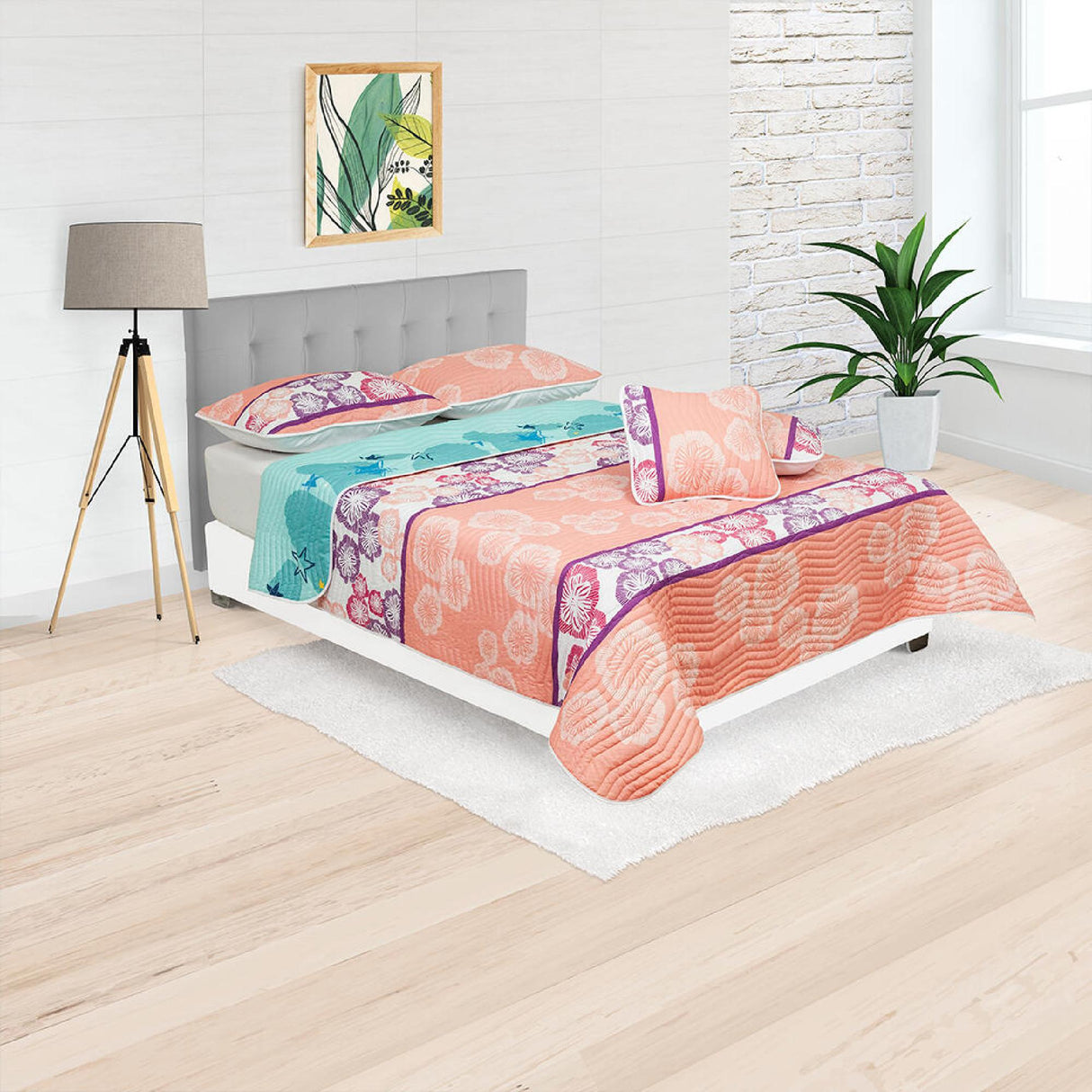 Cubrelecho Español Ambete Rosado y Lila de Algas Marinas Para Cama Semidoble 120 X 190 Cm - Tendidos y Cubrelechos | Bylmo
