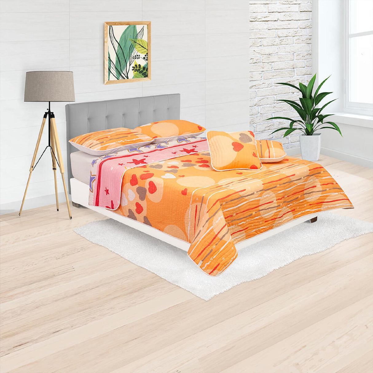 Cubrelecho Español Ambete Naranja de Corazones Para Cama Doble 140 X 190 Cm - Tendidos y Cubrelechos | Bylmo