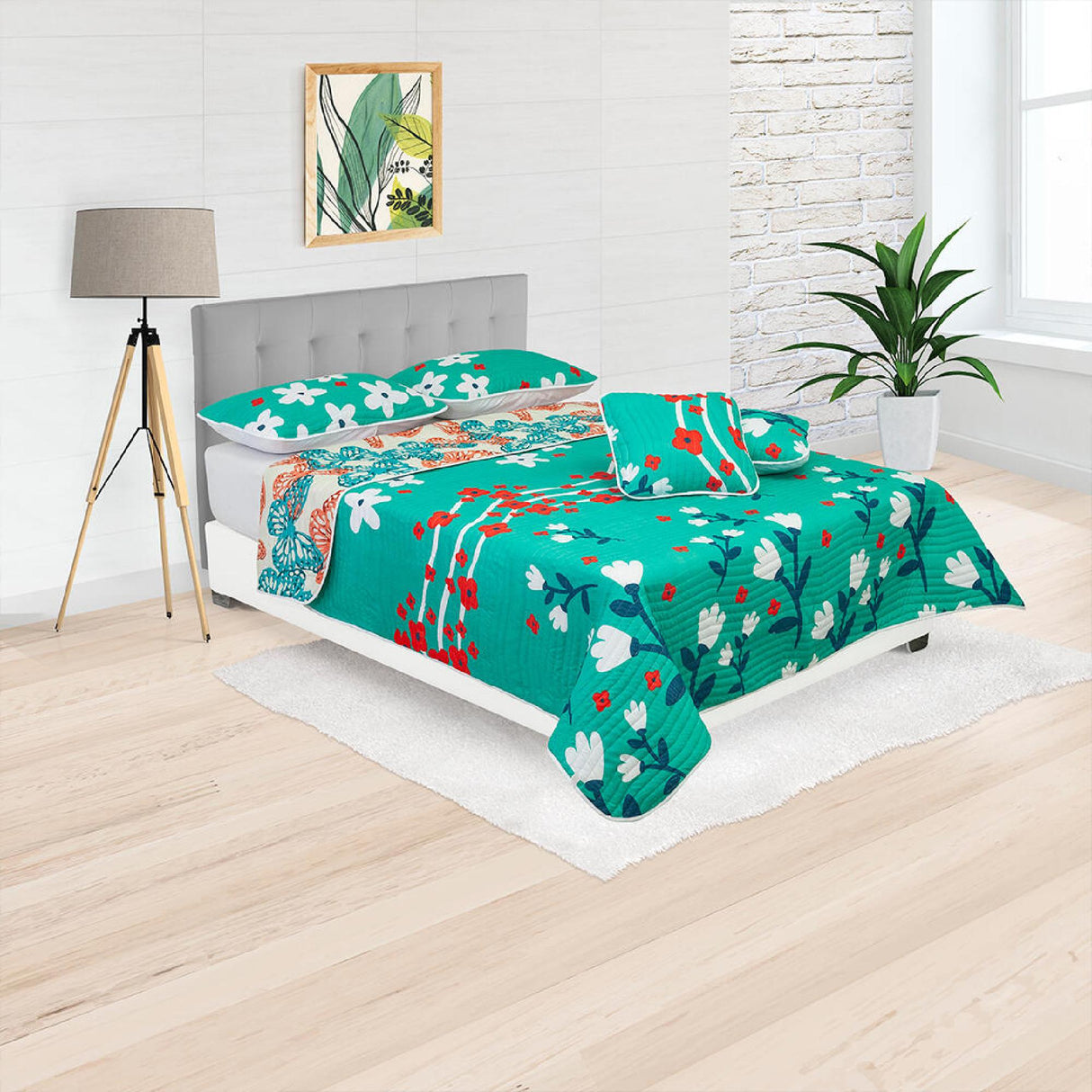 Cubrelecho Español Ambete Verde de Flores Para Cama Sencilla 100 X 190 Cm - Tendidos y Cubrelechos | Bylmo