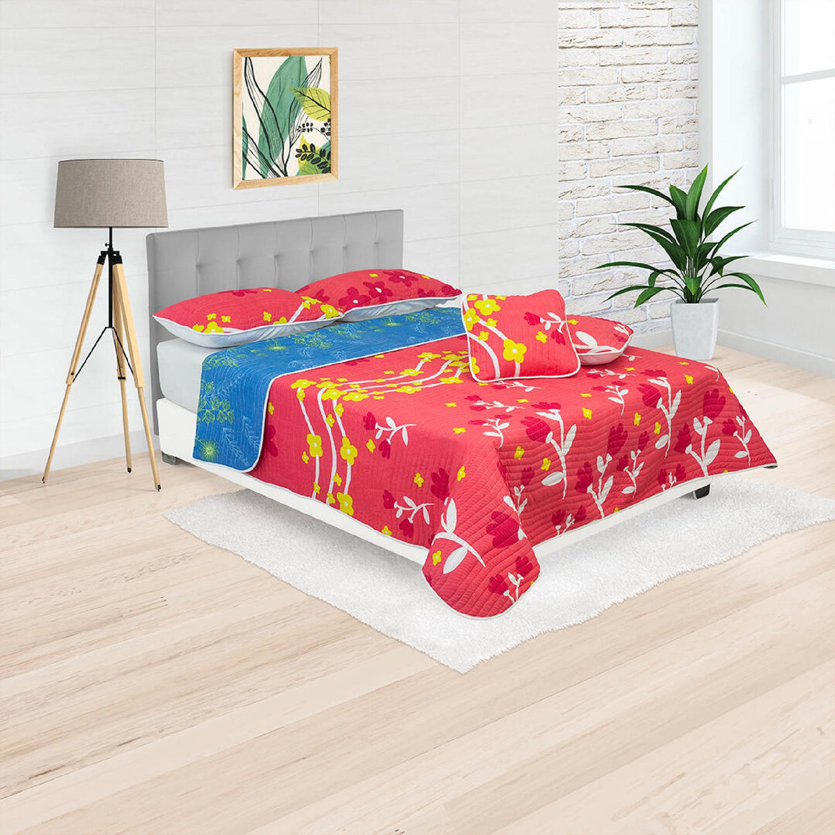 Cubrelecho Español Ambete Rojo y Azul de Flores Para Cama King 200 X 200 Cm - Tendidos y Cubrelechos | Bylmo