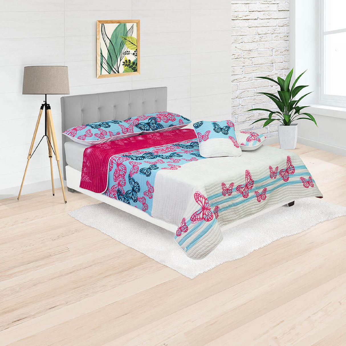 Cubrelecho Español Ambete Blanco y Azul Claro de Mariposas Para Cama King 200 X 200 Cm - Tendidos y Cubrelechos | Bylmo