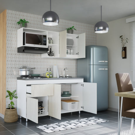 Cocina Integral Niebla y Blanco 150x87.5cm Con Mesón Con Pozuelo Derecha - Cocinas | Bylmo