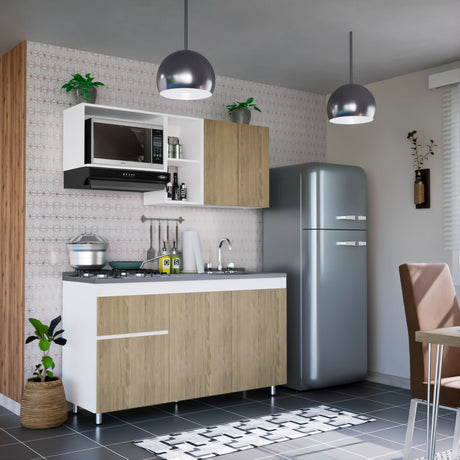 Cocina Integral Rovere y Blanco 150x87.5cm Con Mesón Con Pozuelo Derecha - Cocinas | Bylmo