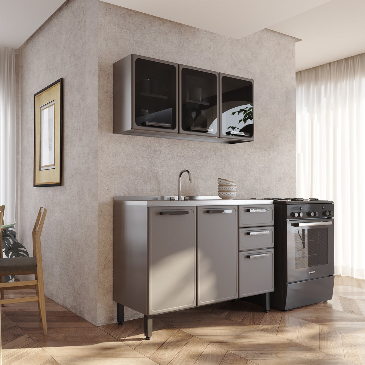 Cocina Integral Gris 120x89cm Con Mesón Con Pozuelo Centro y Puerta de Vidrio - Cocinas | Bylmo