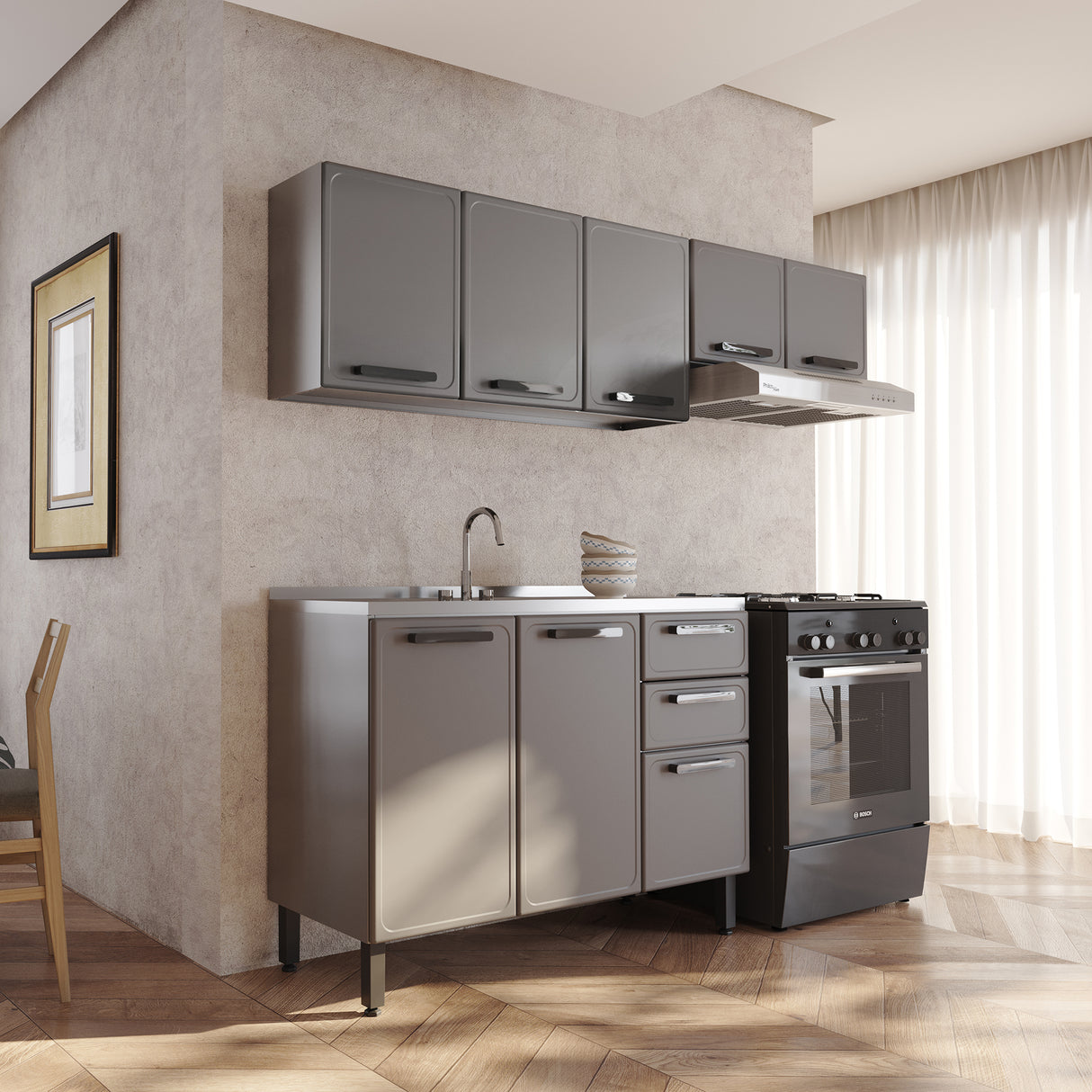 Cocina Integral Gris 200x89cm Con Mesón Con Pozuelo Centro - Cocinas | Bylmo
