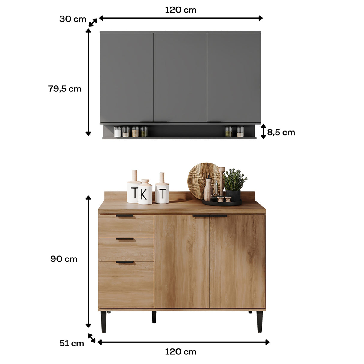 Cocina Integral Freijo y Gris 120x87.5cm Con Mesón Sin Pozuelo - Cocinas | Bylmo