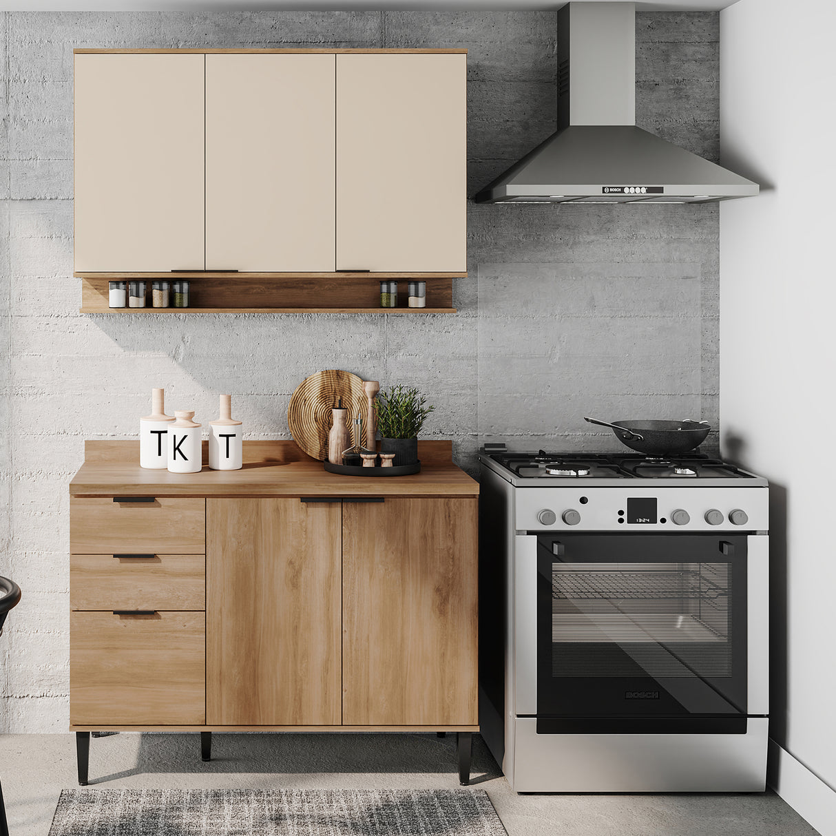 Cocina Integral Freijo y Beige 120x87.5cm Con Mesón Sin Pozuelo - Cocinas | Bylmo