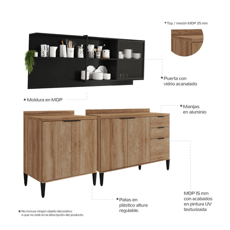 Cocina Integral Freijo y Grafito 200x79.5cm Con Mesón Sin Pozuelo y con Seis Puertas - Cocinas | Bylmo