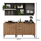 Cocina Integral Freijo y Grafito 200x79.5cm Con Mesón Sin Pozuelo y con Seis Puertas - Cocinas | Bylmo