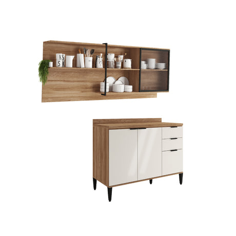 Cocina Integral Beige y Freijo 200x79.5cm Con Mesón Sin Pozuelo y con Cuatro Puertas - Cocinas | Bylmo