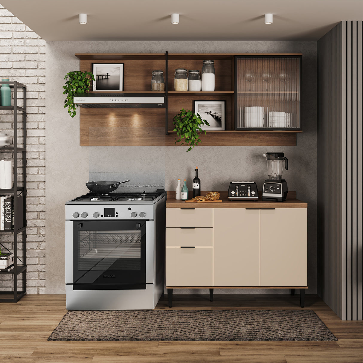Cocina Integral Beige y Freijo 200x79.5cm Con Mesón Sin Pozuelo y con Cuatro Puertas - Cocinas | Bylmo