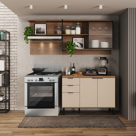 Cocina Integral Beige y Freijo 200x79.5cm Con Mesón Sin Pozuelo y con Cuatro Puertas - Cocinas | Bylmo