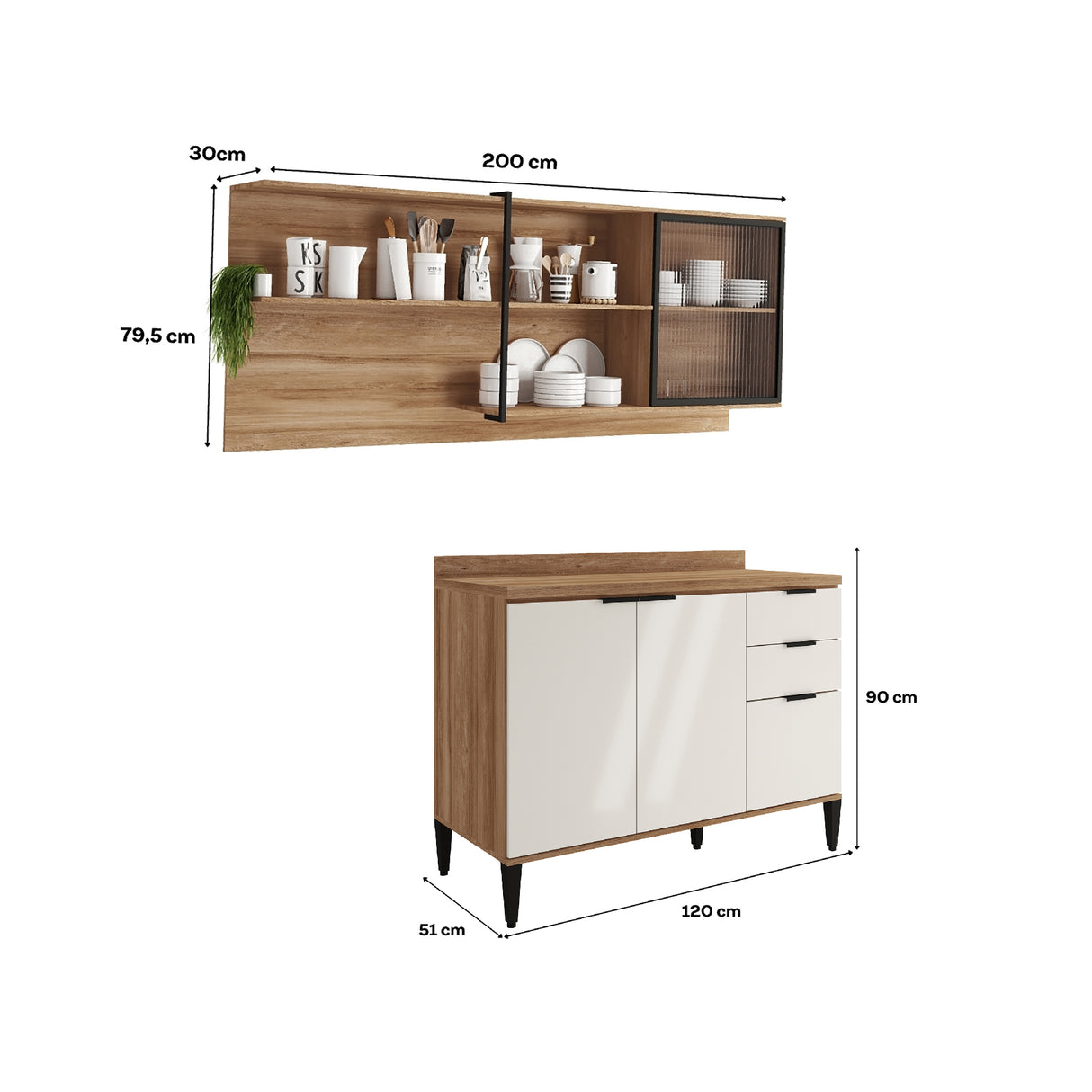 Cocina Integral Beige y Freijo 200x79.5cm Con Mesón Sin Pozuelo y con Cuatro Puertas - Cocinas | Bylmo