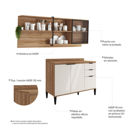 Cocina Integral Beige y Freijo 200x79.5cm Con Mesón Sin Pozuelo y con Cuatro Puertas - Cocinas | Bylmo
