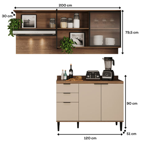 Cocina Integral Beige y Freijo 200x79.5cm Con Mesón Sin Pozuelo y con Cuatro Puertas - Cocinas | Bylmo
