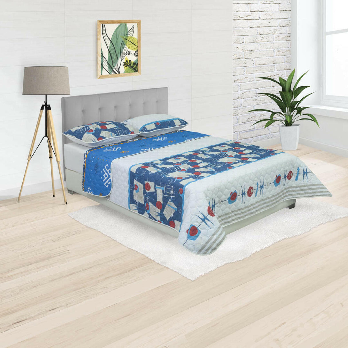 Cubrelecho Doble Faz Convex Blanco y Azul Para Cama Doble 140 X 190 Cm de Símbolos Espaciales - Tendidos y Cubrelechos | Bylmo